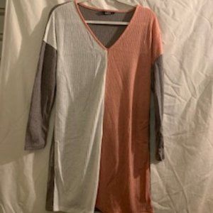 SHEIN Women's Gray/White/Peach 3/4 Sleeve Oversize Midi Sweater Dress XS NIP